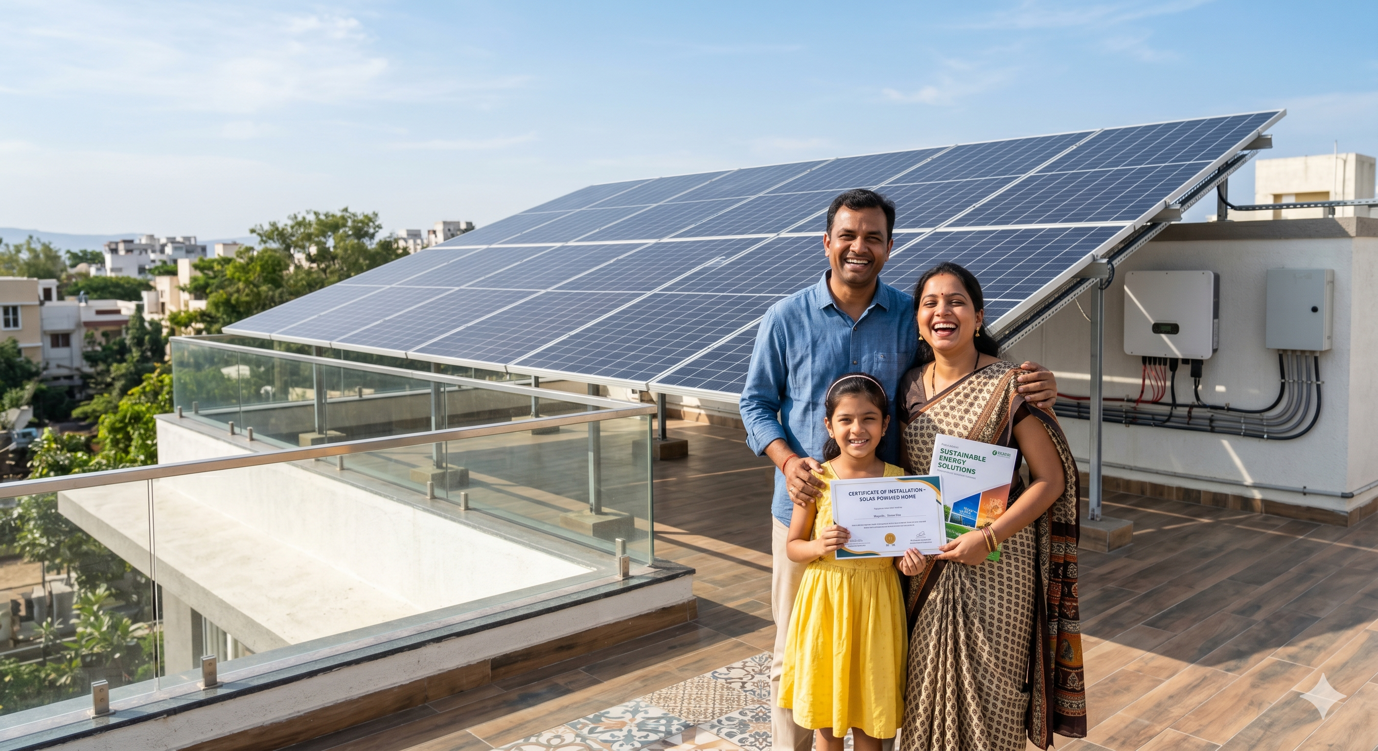 Family standing beside a residential rooftop solar power plant installation